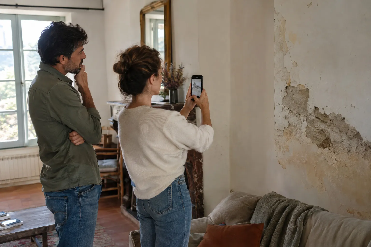 Un couple photographie ses pièces à rénover avec un téléphone pour demander un devis