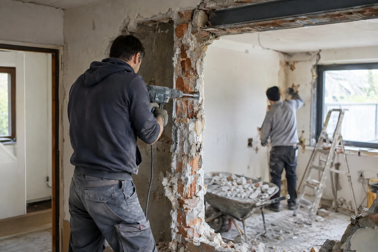 Deux artisans travaillent sur un chantier de rénovation lourde : un mur est abattu et une ouverture creusée.