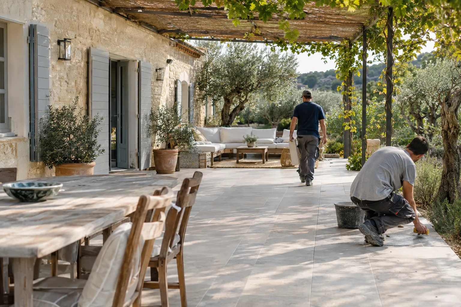 Terrasse carrelée en grès clair devant une maison provençale, avec pergola et oliviers.