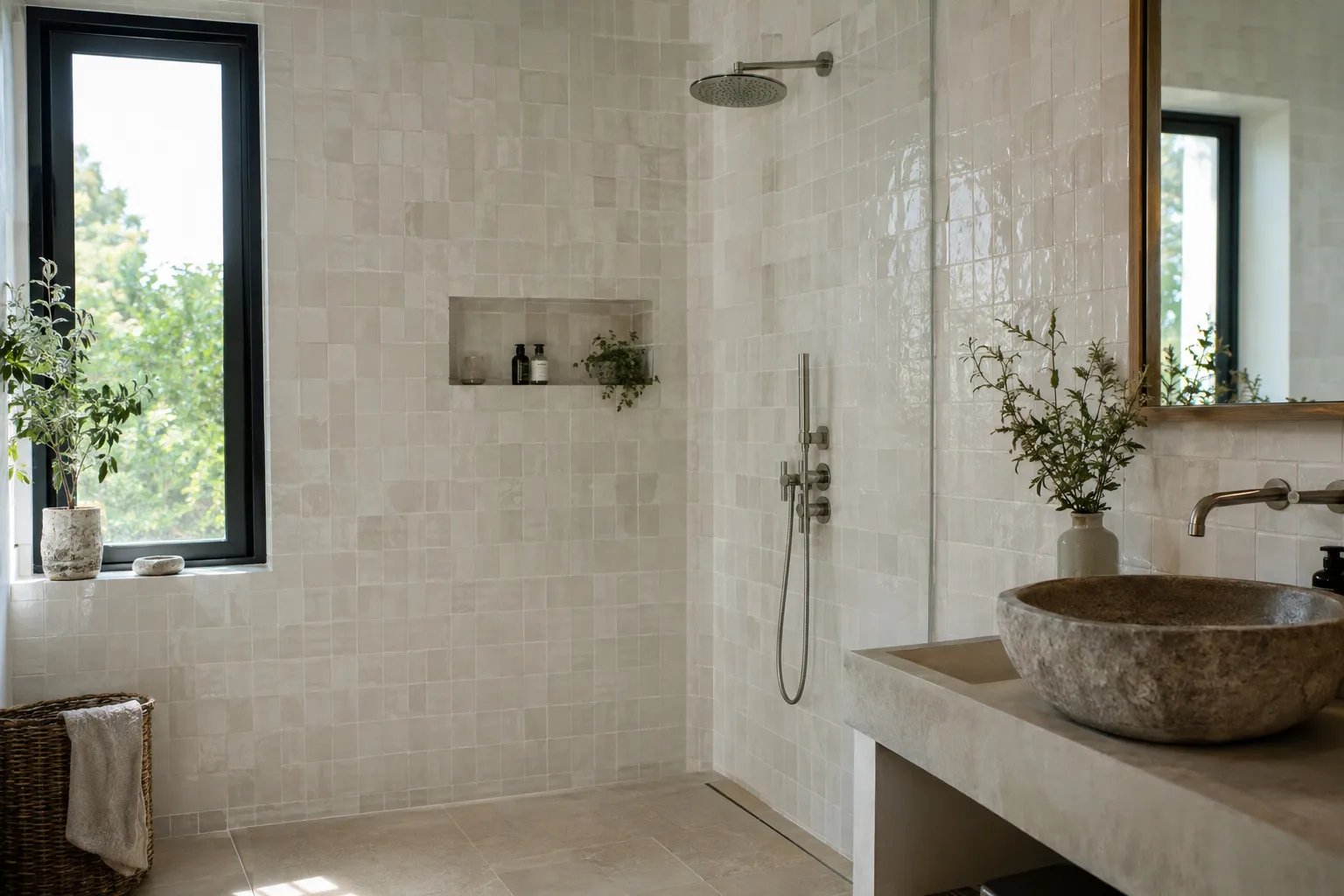 Salle d’eau terminée avec douche à l’italienne, carrelage zellige blanc et vasque en pierre.