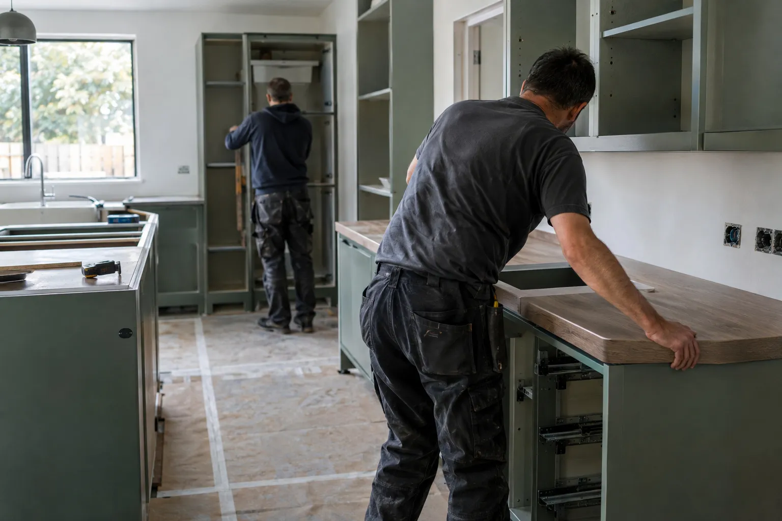 Cuisine en cours de pose : meubles montés, artisan qui ajuste le plan de travail, carrelage protégé.