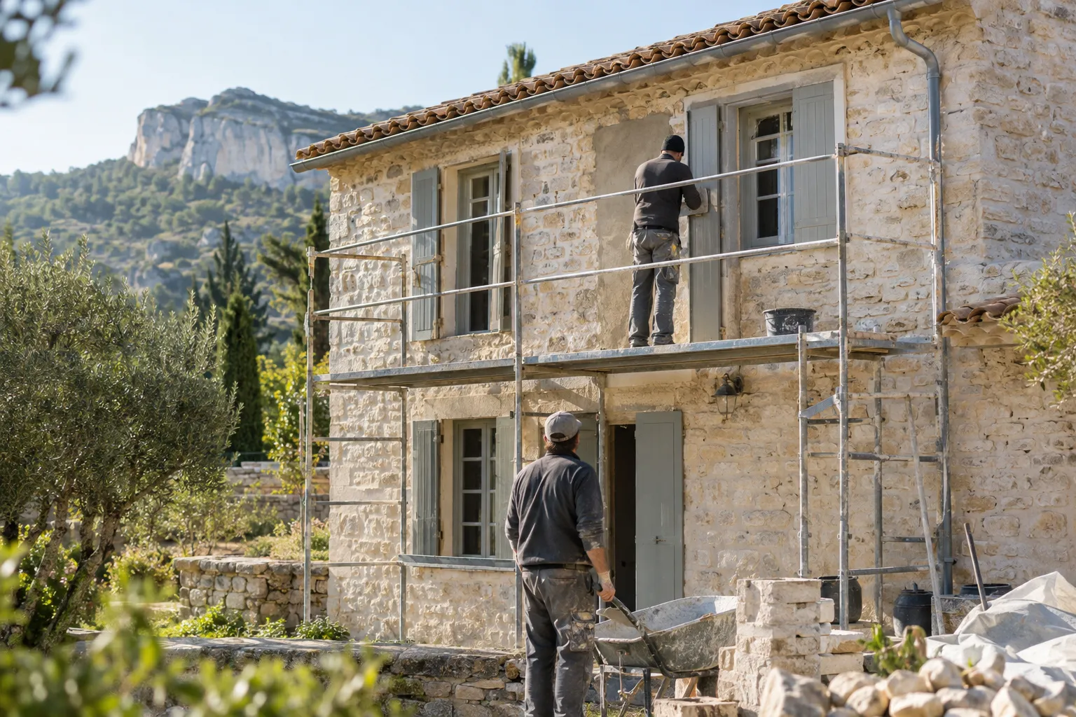 Salon d'une maison de Provence en cours de rénovation : murs fraîchement enduits, sol préparé, lumière douce par la porte-fenêtre.