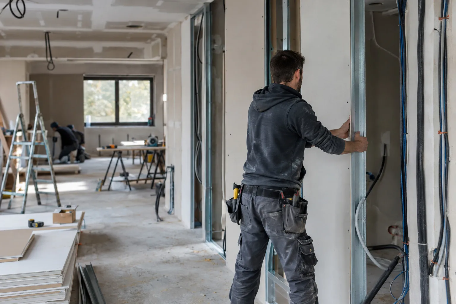 Chantier de rénovation complète d'une maison : cloisons montées, gaines électriques apparentes, plaquiste au travail dans une pièce vide.