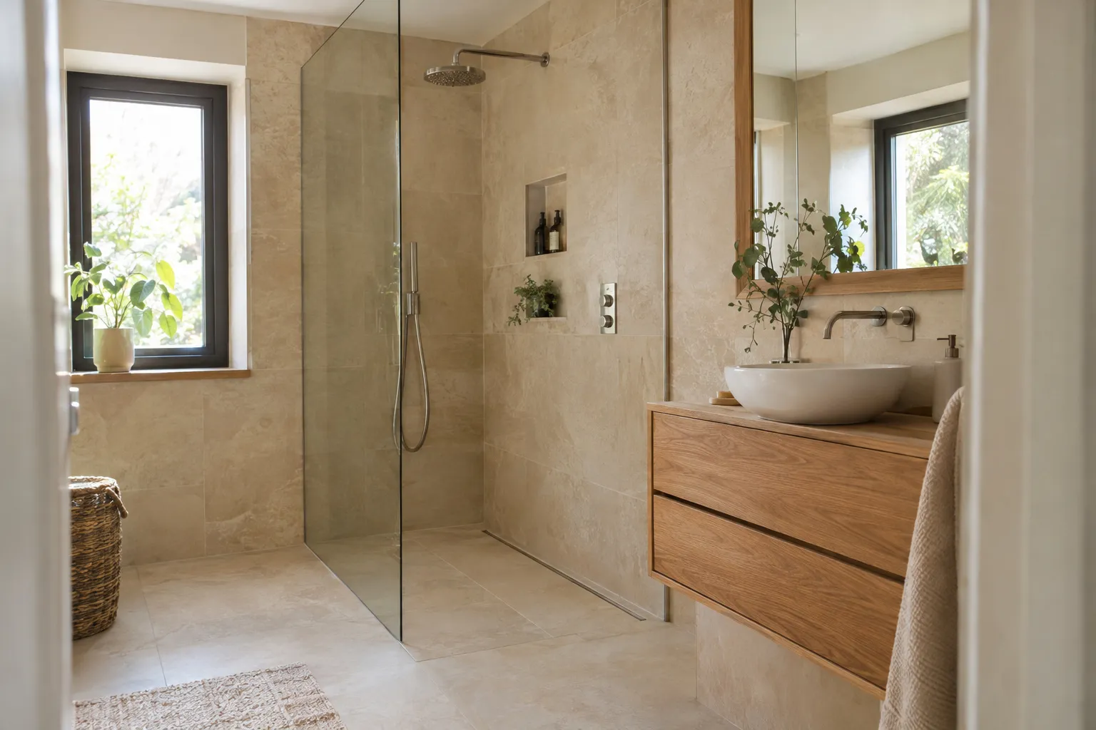 Salle de bain refaite avec douche à l’italienne et paroi en verre, carrelage beige grand format, meuble vasque en chêne et fenêtre sur le jardin.